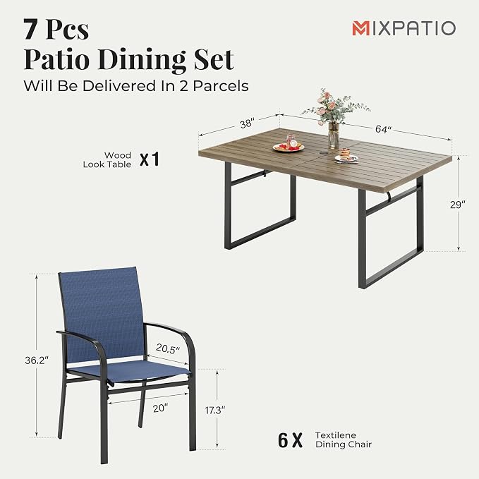 MIXPATIO 7-Piece Outdoor Dining Set 6 Blue Textilene Chairs and Steel Tabletop with Wood Grain Rectangle Table for Deck Garden Backyard Lawn Poolside