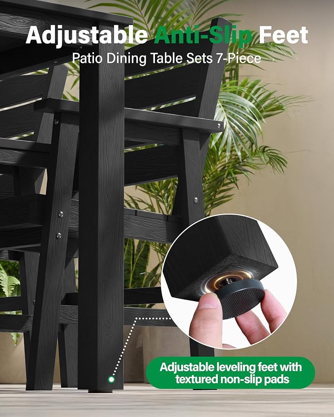 YEFU Patio Dining Sets HIPS: 7-Piece All-Weather Outdoor Table and Chairs with Umbrella Hole - Easy Assembly Patio Dining Set for 6 Modern Outside Furniture for Homeowners with Deck/Pool Black