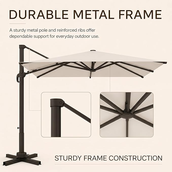 Kingdura 9' X 9' Cantilever Patio Umbrella with Base Included, Large Square Outdoor Offset Umbrella with 360-degree Rotation, 4 Position Tilt, UV Protection for Pool Deck Garden Patio (Cream white)