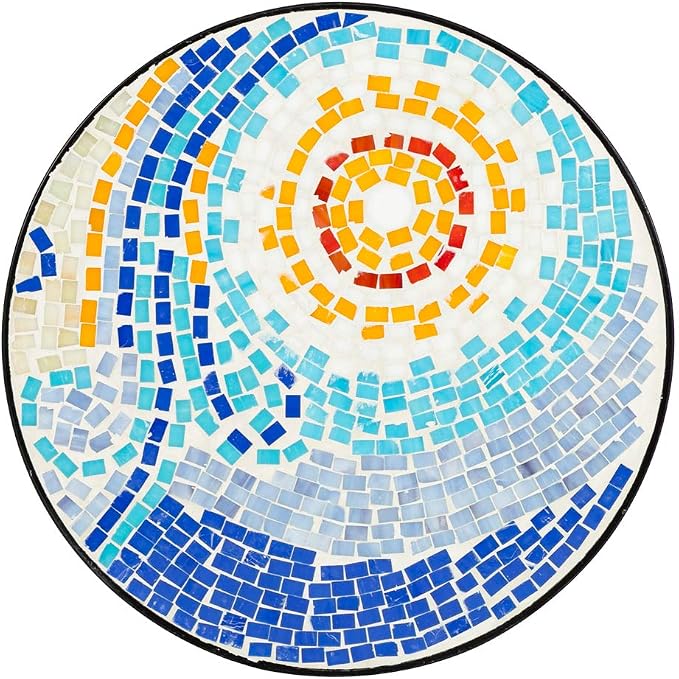 Bonnlo Mosaic Print Accent Table, 14" Round Side Table,End Table, Plant Stand Decor for Patio Porch Balcony Back Deck Pool Indoor Outdoor Coffee, Metal Cobalt Glass Top Black Iron (Yellow Sun)