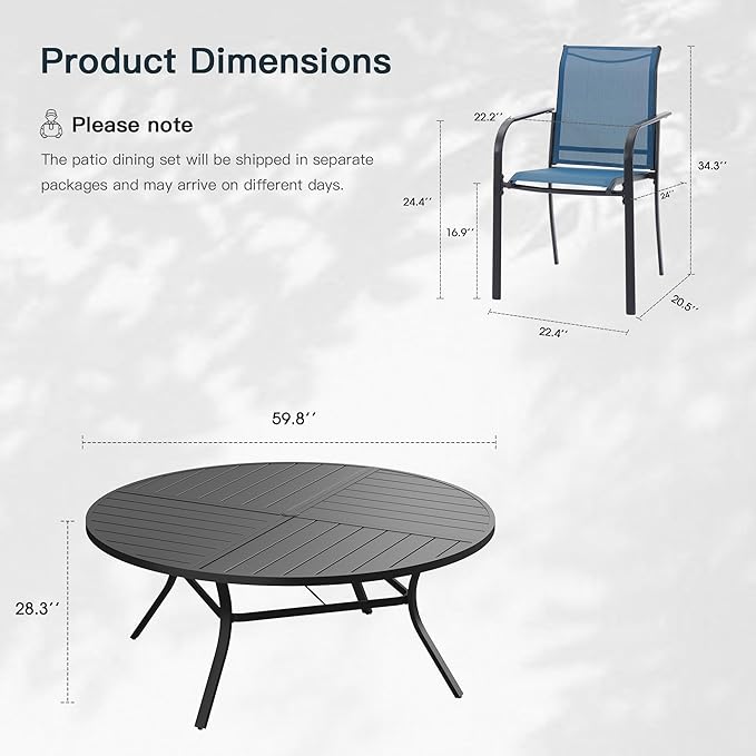 VICLLAX 11 Pieces Patio Outdoor Dining Set, 60" Large Round Metal Table with Umbrella Hole and 10 Stackable Textilene Chairs for Patio, Lawn, Garden, Porch, Black/Dark Blue