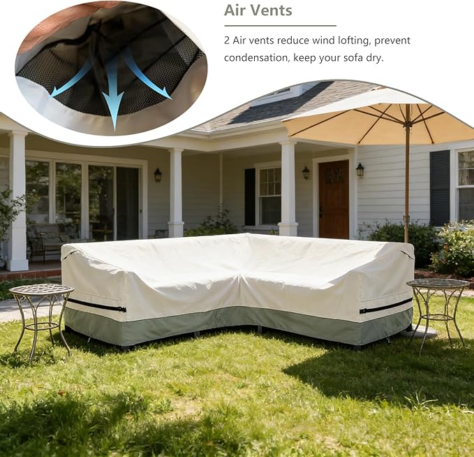 okcool Outdoor Sectional Sofa Cover Waterproof-V-Shaped Patio Furniture Covers for 7-Seater Outdoor Sectional Furniture Couch（105''X105''）,White&Grayish Green