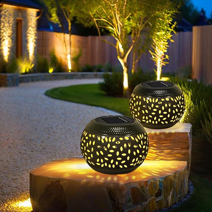 Solar Table Light Waterproof Outdoor & Indoor Lantern - Black Metal Retro Hollowed-Out Flickering Flame Tabletop Lights for Desk/Bedroom/Patio/Garden, Solar Powered Lamp Pathway Yard Garden Decor