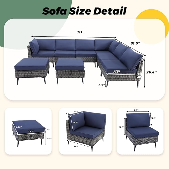 LVUYOYO 8 Pieces Outdoor Patio Furniture Set, Wicker Sectional Sofa Set for All-Weather, Rattan Conversation Sets with Cushions and Storage for Deck, Backyard, Porch (Grey)