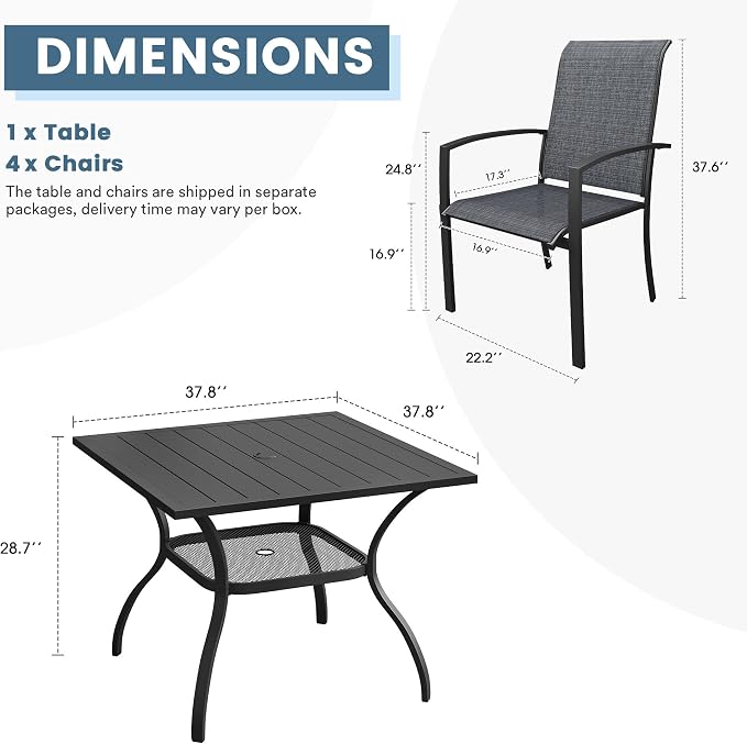 DIFY 5 Pieces Outdoor Dining Set, Metal Patio Table and Chairs Set for 4 with Umbrella Hole, 37.8" Square Dining Table and Textilene Stackable Patio Chairs for Garden Backyard Poolside, Black