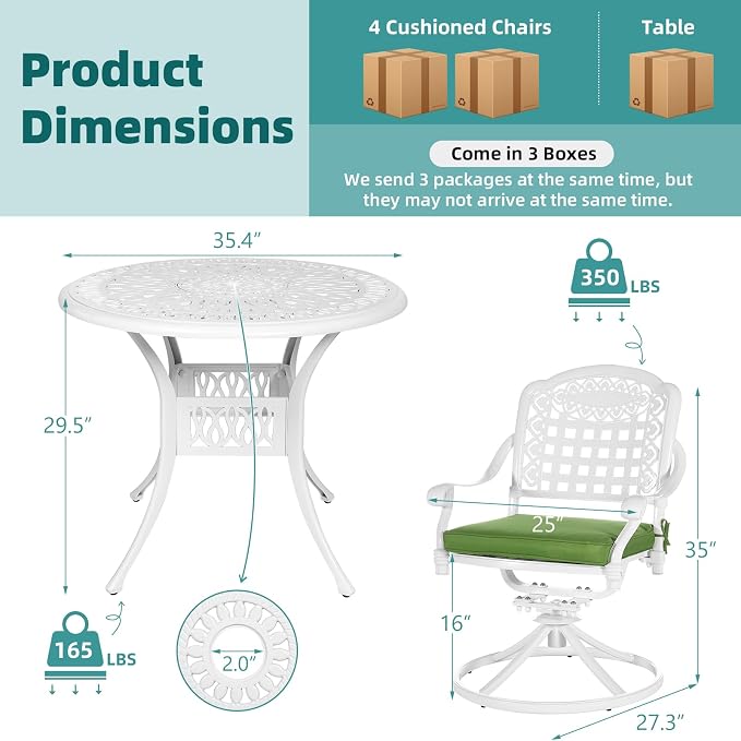MEETWARM 5-Piece Outdoor Patio Dining Set, All-Weather Cast Aluminum Patio Conversation Set with 4 Cushions Swivel Rocker Chairs for Backyard Garden Deck and 35.4" Round Table, White