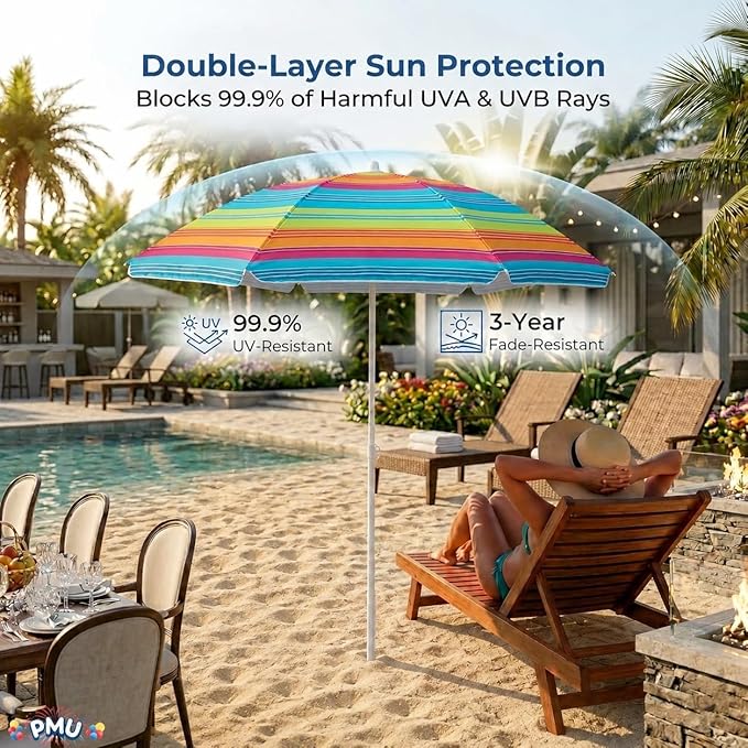 PMU 6 Pcs 6ft Multicolored Beach Umbrella – Vibrant Rainbow Stripe Design, 72in Open, 160G Polyester, Large Outdoor Patio Pool Parasol Umbrella for Garden, Deck, Backyard & Pool
