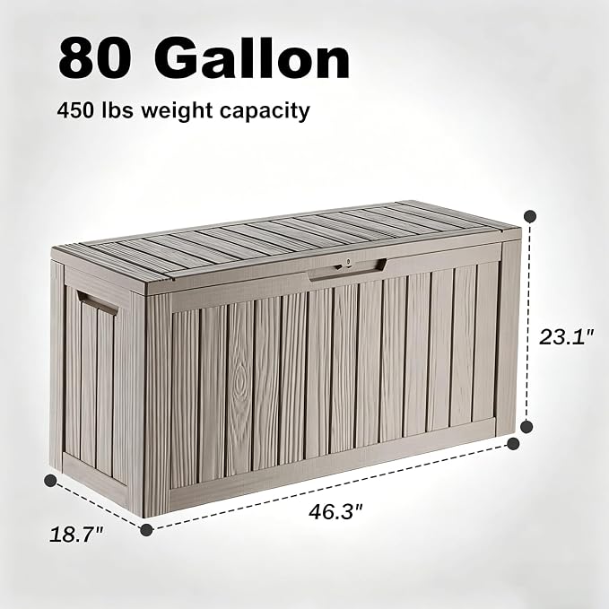 DRATO 80 Gallon Large Deck Box, Outdoor Storage Box for Patio Furniture, Patio Cushions, Gardening Tools, Pool Supplies 480lbs Weight Capacity, Waterproof Resin Storage Boxes (Gray, 80 Gallon)