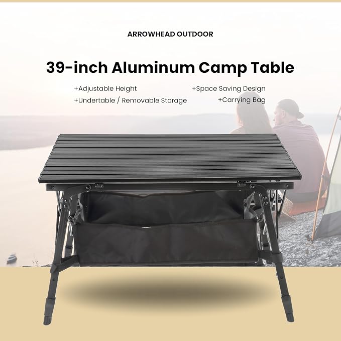 ARROWHEAD OUTDOOR 39" Aluminum Folding Camp Roll Up Table w/Adjustable Height, Undertable Mesh Storage, Carry Bag