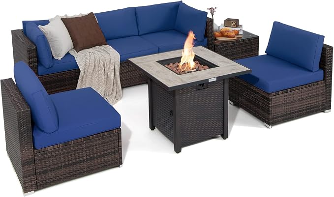 Tangkula 7 Piece Patio Furniture Set with Fire Pit Table, Patiojoy Outdoor PE Wicker Conversation Sectional Sofa Set with 30 Inches 50,000 BTU Propane Fire Pit Table, Waterproof PVC Cover (Navy)