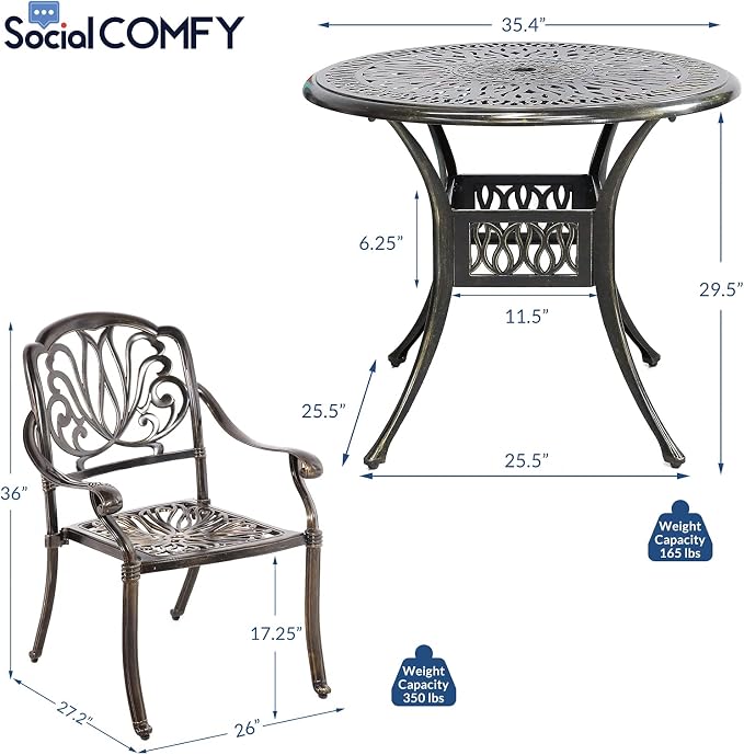 5-Piece Outdoor Patio Dining Set, All-Weather Cast Aluminum Patio Table Set, Include 4 Chairs and a 35.4 inch Round Table w/Umbrella Hole for Balcony Garden Backyard