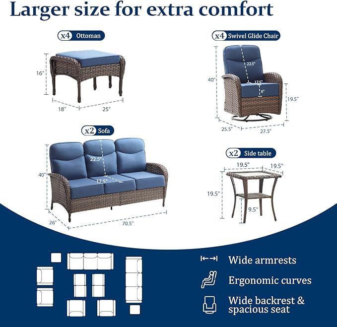 Outdoor Swivel Rocking Chair Patio Set (12pcs) High-Back - Thick Cushion Swivel Rocking Chair Patio with Sofa Set, All-Weather Wicker Patio Furniture Set, Suitable for Balcony Patios, Brown/Blue