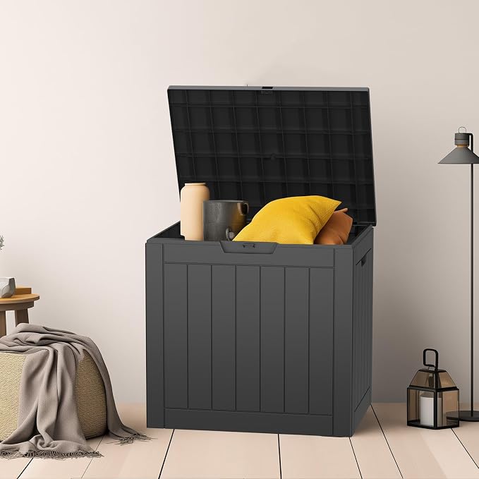 PatioZen 30 Gallon Resin Deck Box with Lockable Lid, Waterproof storage box for Patio Furniture, and Garden Tools, Black