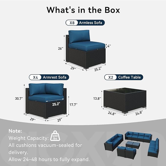 LazySunsets 14 Piece Outdoor Patio Furniture Set with Coffee Table, Outdoor Patio Furniture Set with Waterproof Cover, Wicker Rattan Outdoor Conversation Set for Backyard & Garden, Peacock Blue