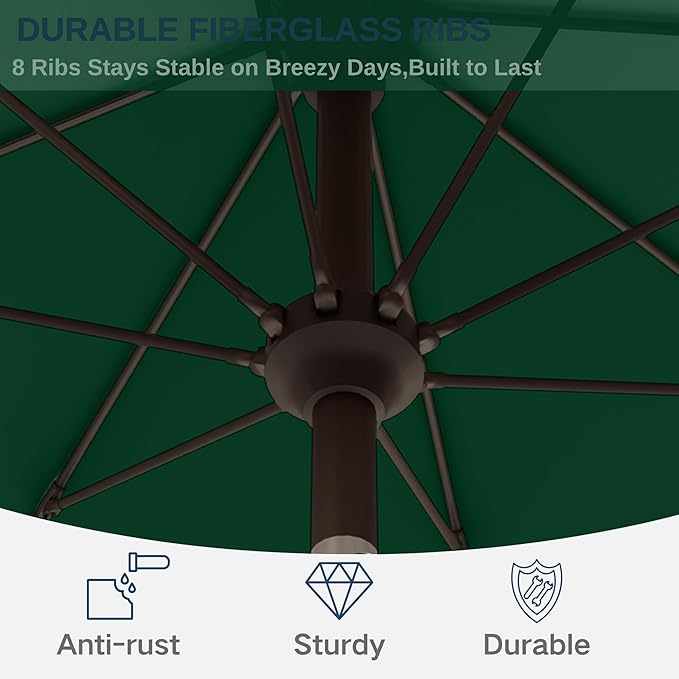 11FT Patio Umbrella, Outdoor Umbrella with with 8 Sturdy Fiberglass Ribs,Market Table Umbrella with Push Button Tilt and Crank,Suit for Backyard,Garden,Pool,Deck(Dark Green)
