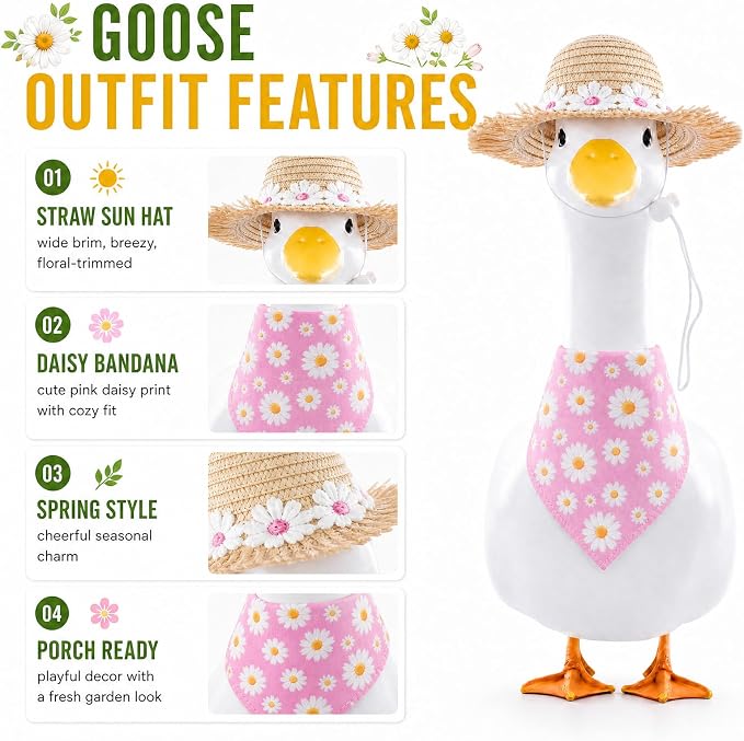 Summer Floral Porch Goose Outfit - 2Pcs Cute Pink Daisy Cottage Style Clothes with Straw Hat & Bandana Bib, Garden Lawn Decoration for 23 Inch Cement/Plastic Statue