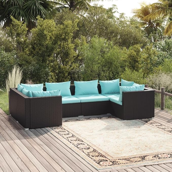 6 Piece Patio Lounge Set with Cushion, Outdoor Patio Sectional Furniture Conversation Sets Patio Lounge Set Piece Patio Set s Poly Rattan Black