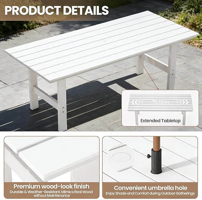Outdoor Dining Set for 6, 7-Piece Patio Table and Chairs Set, HDPE Outdoor Dining Table and Chairs with Umbrella Hole, All-Weather Dining Furniture Set,White