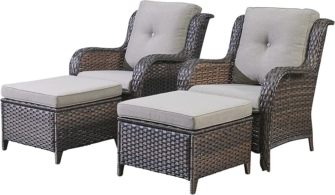 Rilyson Wicker Patio Furniture Set - 4 Piece Rattan Outdoor Patio Conversation Sets with 2 Wicker Chairs and 2 Wicker Ottomans for Porch Deck Garden(Brown/Grey)