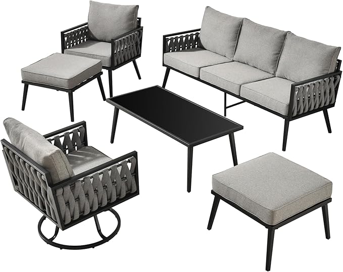 Outdoor Patio Furniture Set, 6-Piece Metal Conversation Furniture Sofa with Coffee Table, All Weather Patio Couch Sofa with Thick Cushions for Balcony Backyard,Dark Grey