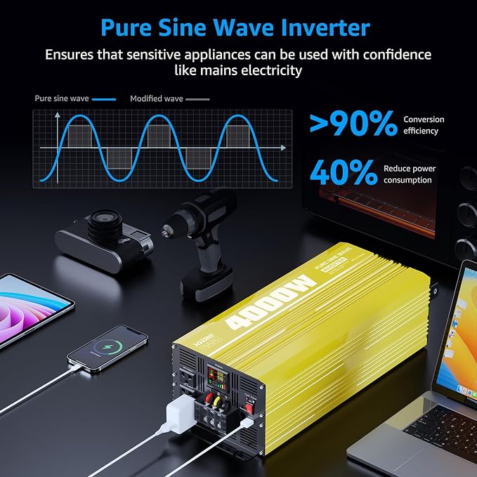 XWJNE 4000W Pure Sine Wave Power Inverter 12V DC to 120V AC Converter with LED Display and Remote Controller for Home, RV, Truck, Off-Grid Solar Power
