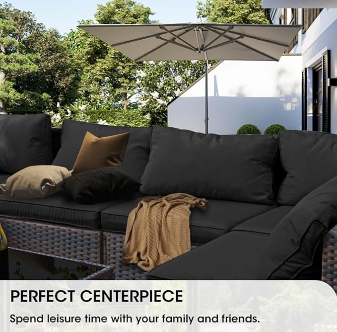 Grezone 7 Piece Patio Furniture Set with Fire Pit Table, Patio Sectional Furniture Sofa Set, Patio Conversation Sets with Cushions and Glass Coffee Table for Garden Lawn Balcony Porch Deck, Black