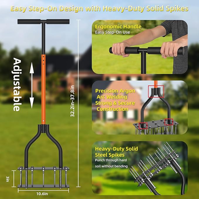 Lawn Aerator Tool with Dual-Layer Self-Cleaning Spikes, 15 Spike Heavy Duty Manual Lawn Aerator for Compact Soil, Anti-Clog Grass Aerator for Yard, Garden & Lawn Care