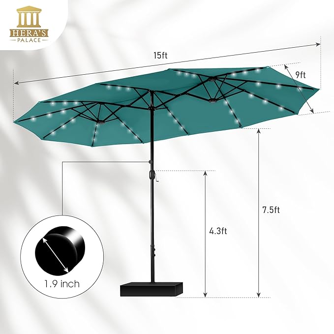 HERA'S PALACE 15ft Patio Umbrella with Base Included Double Sided Outdoor Umbrella for Patio Table Umbrella Outdoor 36 LED Solar Lights for Garden