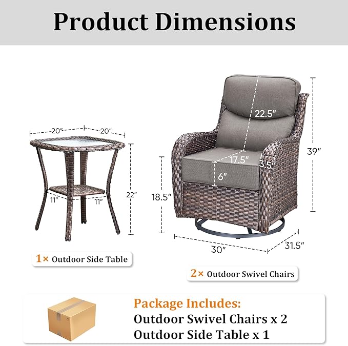 Luxury Outdoor Swivel Rocker Patio Chairs Set of 3, High Back Swivel Patio Chairs with Side Table & 6-Inch Thick Cushions, Wicker Outdoor Bistro Set for Porch, Yard, Deck, Poolside, Brown/Grey