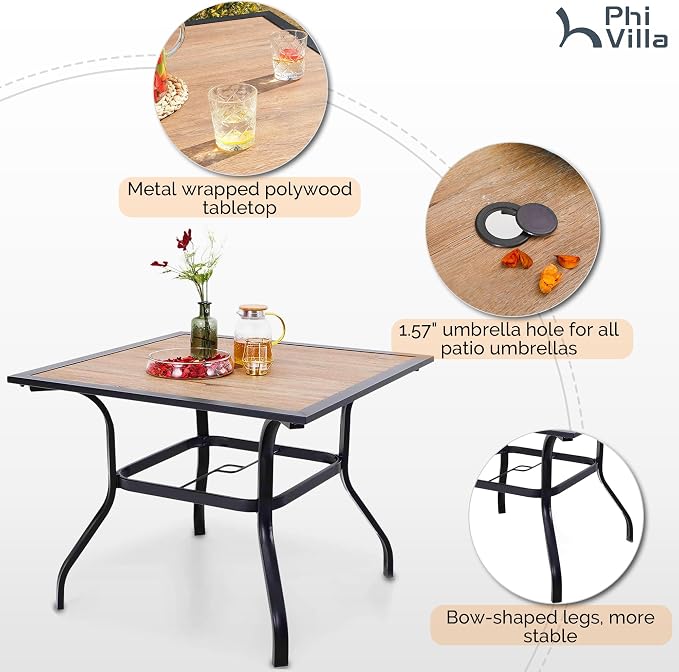 PHI VILLA 5 Piece Outdoor Dining Table Set for 4, 37" Wood Top Metal Dining Table with Umbrella Hole & 4 Cushioned Rattan Chairs for Patio, Deck, Porch, Yard