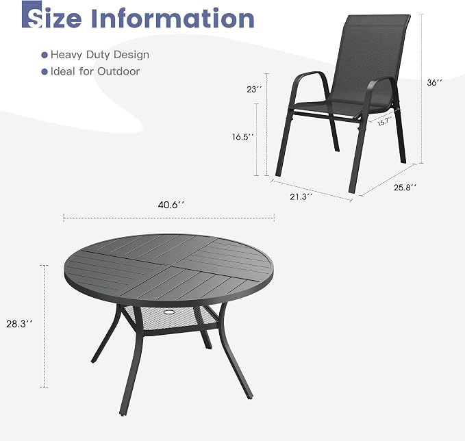 VICLLAX Round Outdoor Patio Dining Set for 4, Metal Slatted Patio Table with Umbrella Hole and 4 Stackable Patio Chairs for Deck Lawn Garden, Black Fabric and Black Tabletop