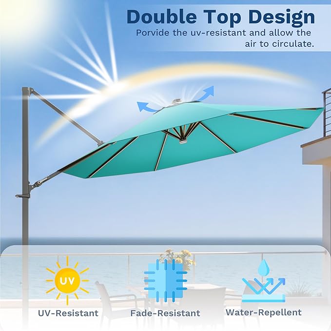 Devoko 10ft Solar LED Patio Umbrella, Round Cantilever Outdoor Umbrella with Solar Lights and 360-Degree Rotation, Large Hanging Offset Market Umbrella with Easy Tilt for Patio Deck Garden,Turquoise
