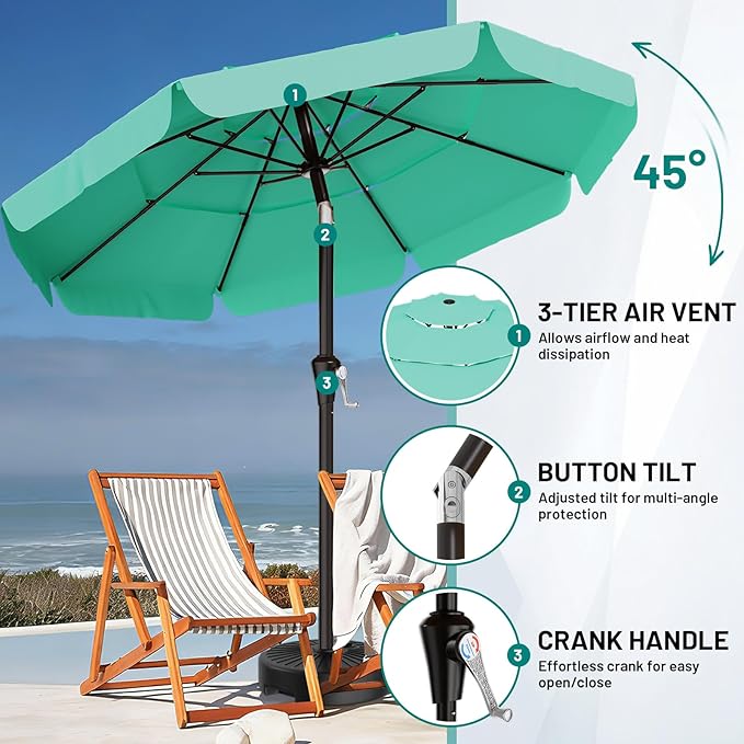 AreShark 9FT 3-Tiers Patio Umbrella with Valance, Outdoor Umbrellas with Crank/Tilt, Table Market Umbrella Vented w/ 8 Sturdy Ribs for Garden, Deck, Backyard, and Pool, Aqua Sky