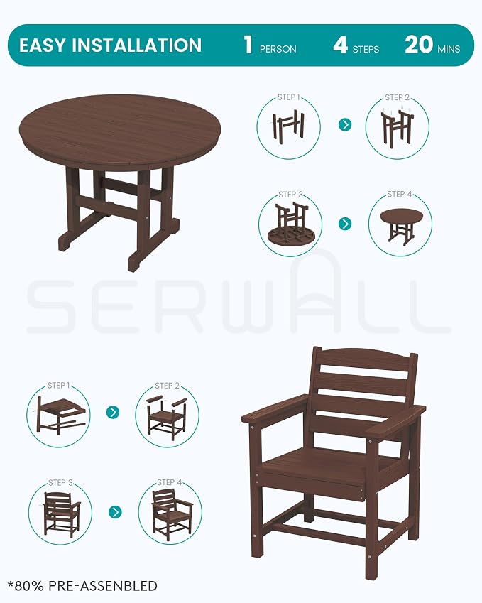 SERWALL 5-Piece Patio Dining Sets, HDPE Outdoor Table and Chairs Furniture Set, 45" Round Dining Table and 4 Dining Chairs, Coffee