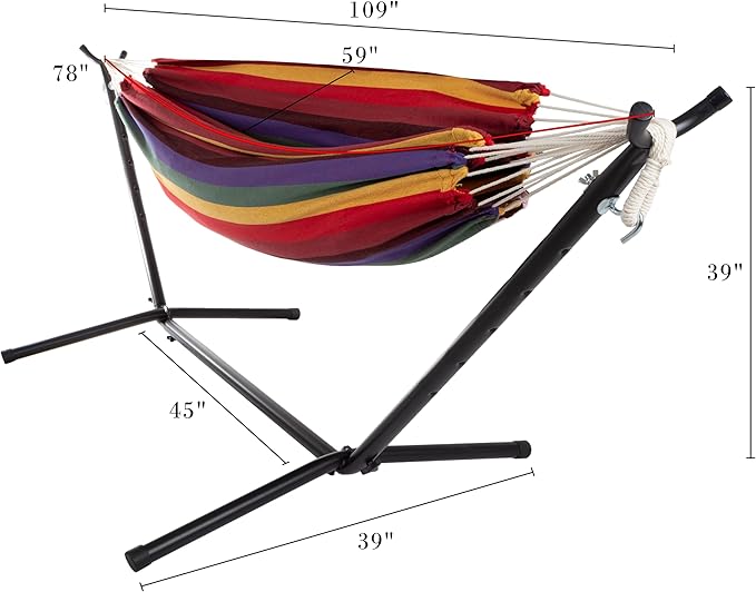 Double Brazilian Hammock with Stand Included ? Woven Cotton, 2-Person, Outdoor Swing with Frame for Camping, Backyard, or Patio by Pure Garden