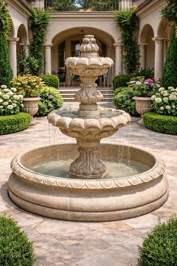 Solid Rock Stoneworks 2 Tier Ribbed Basin Fountain - 52" Tall - Desert Sand Brown