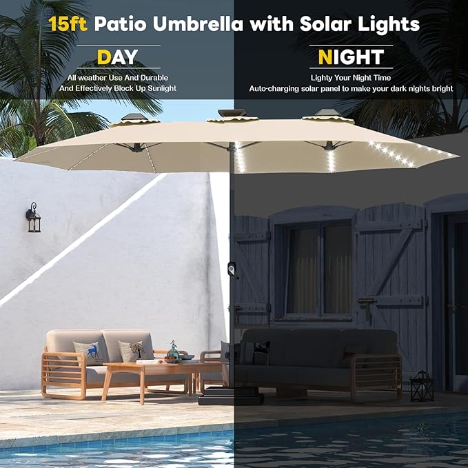 AECOJOY 15ft Patio Umbrella with Solar Lights, Large Patio Umbrella with Crank Handle and 156 PCS LED Lights, Double Umbrella Outdoor Patio Rectangular Market Umbrella for Backyard Deck Pool in Tan(1.9" Pole)