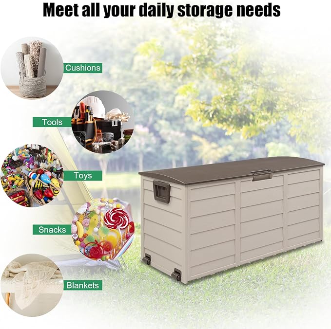 75-Gallon Resin Deck Storage Box – Outdoor Patio Container with Side Handles, Lockable Design for Furniture Cushions, Pool Gear & Garden Tools