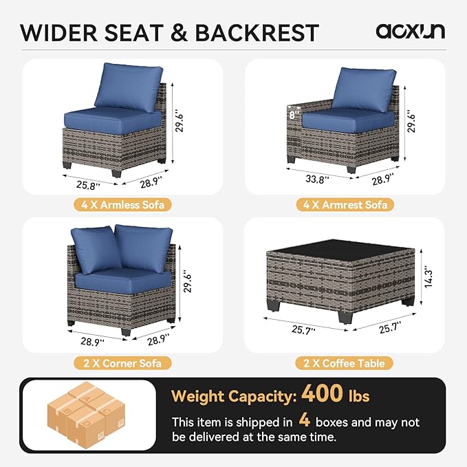 Aoxun Patio Furniture Set, 12 Pcs Outdoor Patio Furniture Sets with 4 in Thicken Cushion, Widen Armrests Wicker Outdoor Sectional for Backyard (Waterproof Cover Include)