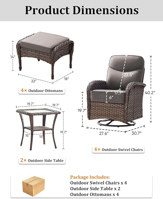 10-Piece Luxury Patio Furniture Set with 6-Inch Thick Cushions, High-Back Outdoor 4 Swivel Rocking Chairs with Wicker Side Table, All-Weather Conversation Set for Porch, Deck, Yard–Gray