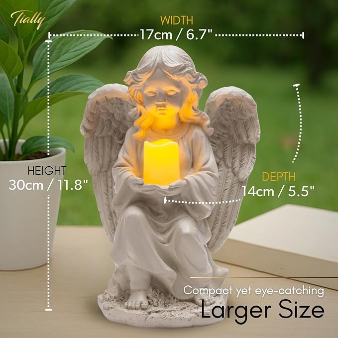 Solar Angel Garden Statue with Candle, 12" Guardian Memorial Outdoor Light | Bright all-night warm candle glow, true-to-size 12in, weatherproof resin built to last - no dim lights or dead battery