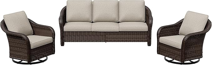 3 Pieces Patio Conversation Set, 78" Wicker 2-Seat Couch with Washable Cushions, Wicker 360 Degree Swivel Glider Rocker Chairs, Sofa for Garden, Lawn (Beige)