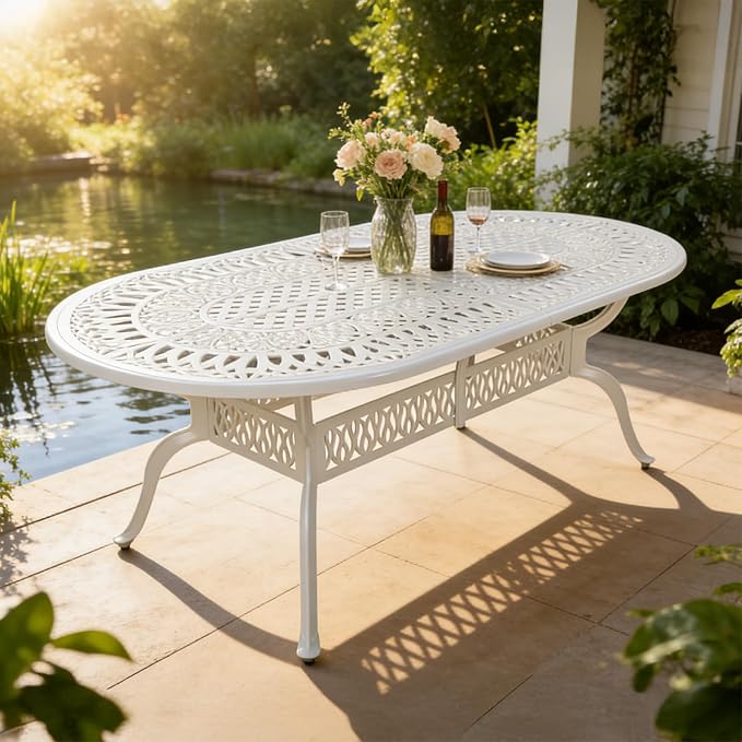 MEETWARM 84"x44" Cast Aluminum Patio Dining Table, Weather-Resistant Large Outdoor Dining Table for 8 Person, Patio Furniture Oval Table with Umbrella Hole and Adjustable Foot Pads, White