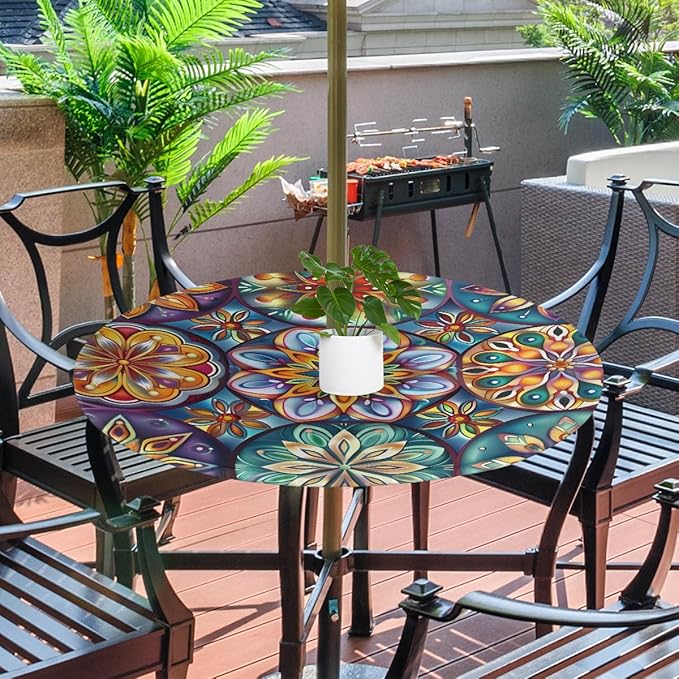 OSAM SPACE Outdoor Tablecloth with Umbrella Hole, Round Elastic Fitted Table Cloth with Invisible Zipper,Dark Colorful Mandala Flower Picnic Patio Table Cover 36-44in