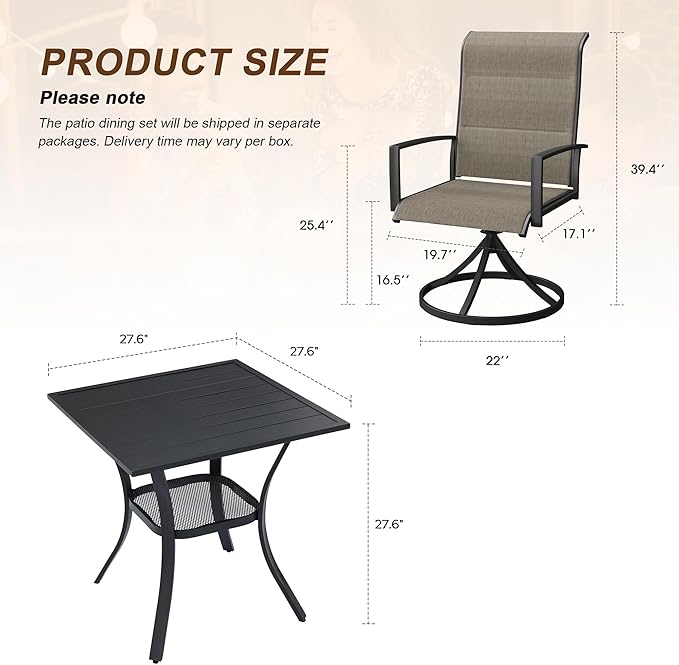 VICLLAX 3 Pieces Outdoor Dining Set, Patio Furniture Set Includes 27.6" Square Metal Table W/ 1.9" Umbrella Hole and 2 Padded Textilene Swivel Chairs for Porch, Lawn, Garden, Backyard