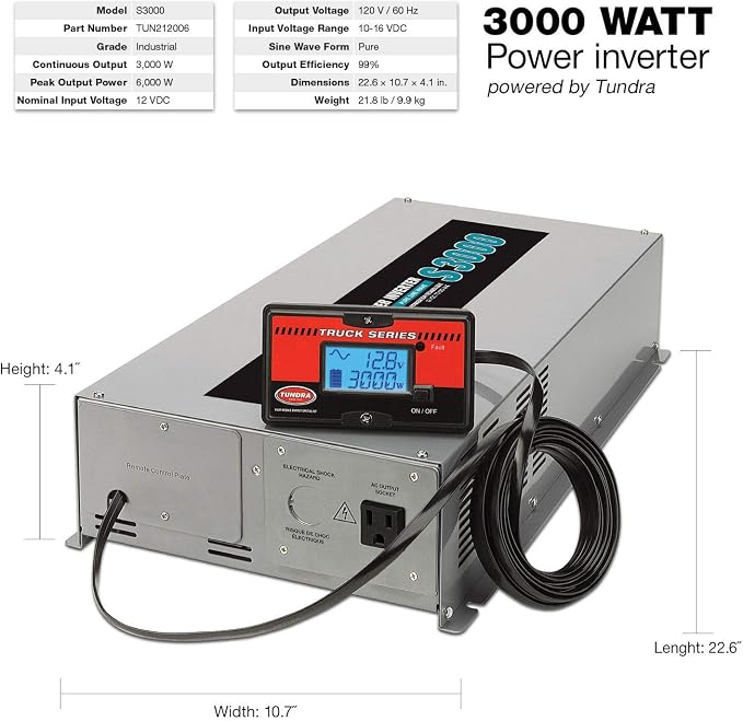 Tundra S Series - DC/AC Truck Power Inverter - Pure Sine Wave 3000W / 12V DC to 120V AC - S3000