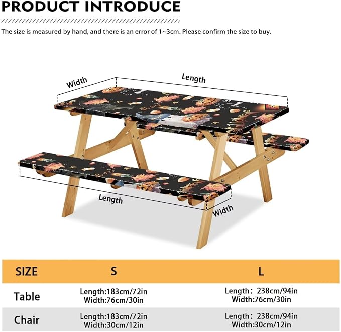 Halloween Picnic Table Cover with Bench Covers Ghost Pumpkin Outdoor Camping Essentials 3PCS Fitted Rectangle Table Covers for Family Gatherings Vacations BBQ Party