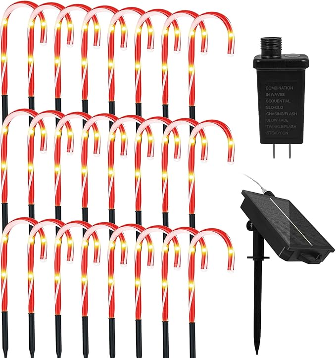 Anordsem Solar Christmas Decorations Outdoor: 24 Pack Candy Cane Pathway Stake Lights - 15" Waterproof LED 8 Lighting Models Yard Garden DIY Decor - 2026 Xmas Gifts for Homeowners