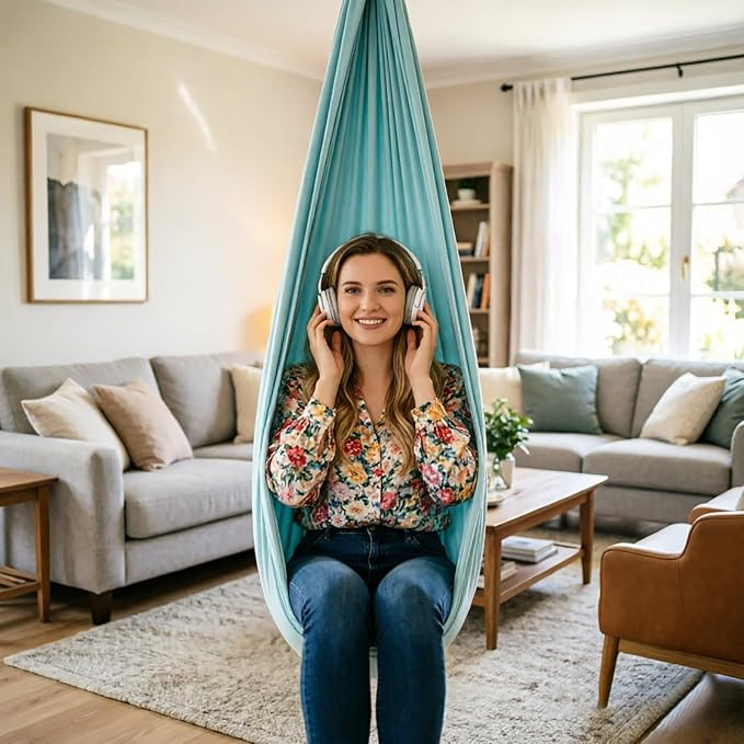 Hammock Without Stand, Double Layer Cuddle Hammock Swing, Adjustable Aerial Yoga Swing with Full Hardware Kit, 360° Swivel, Holds Up to 300lbs for Adults (Light Blue)