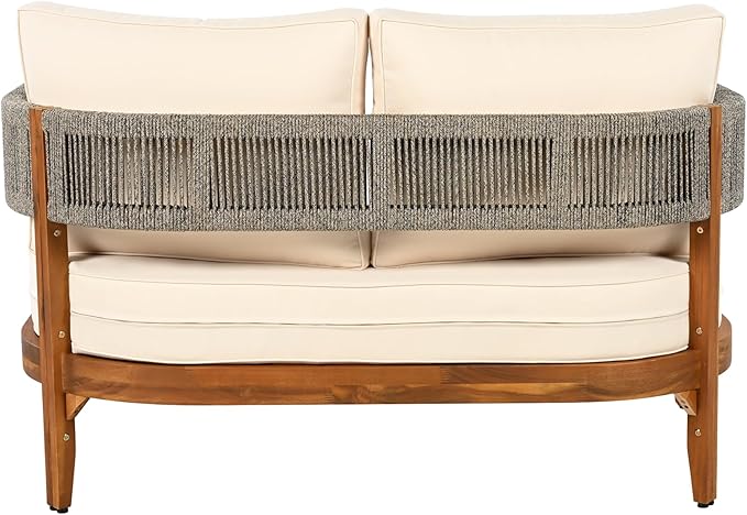 Christopher Knight Home Quixley Outdoor Acacia Wood Loveseat and Coffee Table Set with Cushions, Wooden Patio Conversation Set with 2 Seater Couch+Coffee Table, Chat Set for Balcony Garden, Teak+Beige